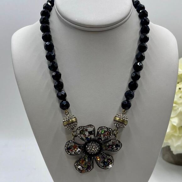 Heidi Daus Black Beaded Rhinestone Flower Magnetic Versatile Bracelet Necklace - Picture 1 of 12